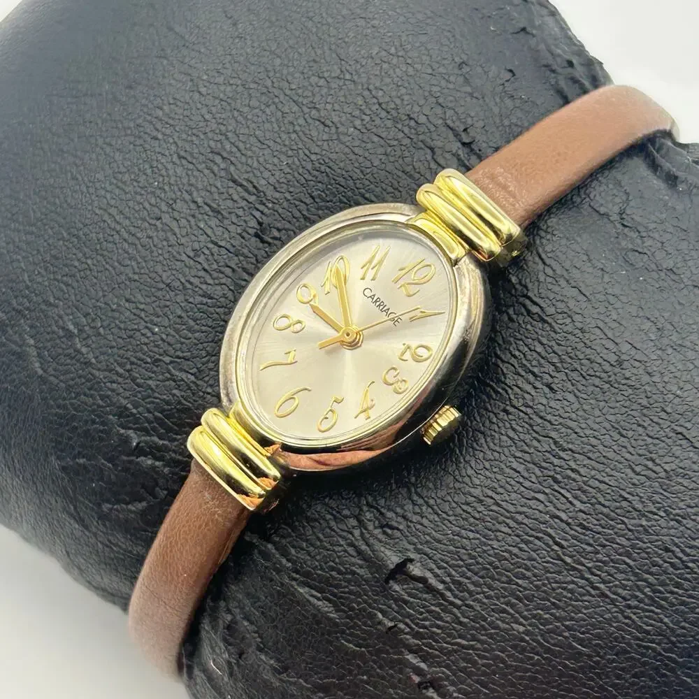 Carriage Gold Slim Brown Leather Women’s Watch Working New Battery